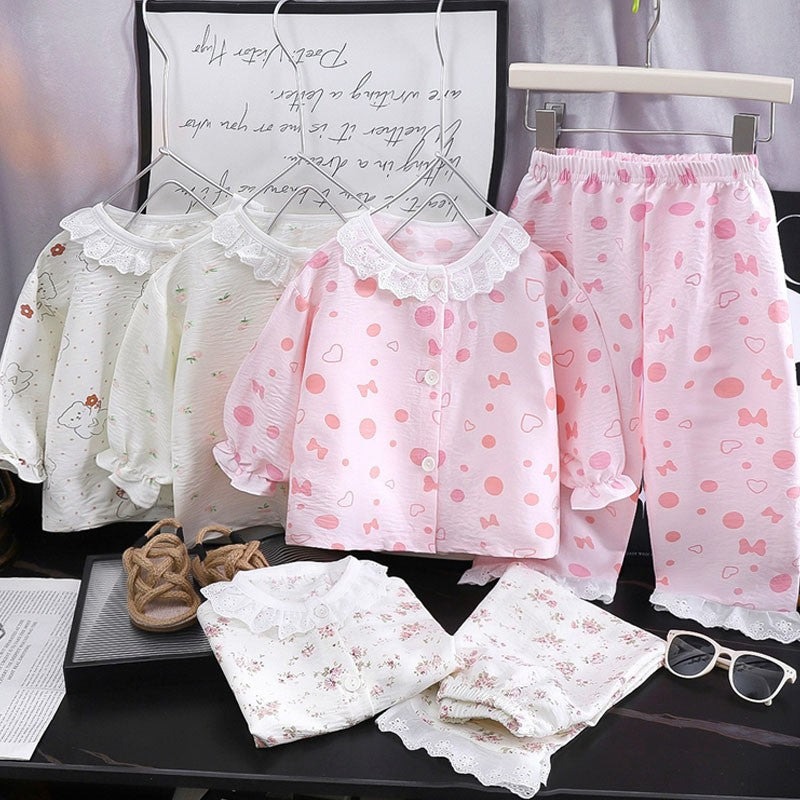 Kids Home Clothes 2Pcs Set Baby Loose Pajamas Fashion Girl Lace Floral Print Sleepwear Children Air Conditioner Long Sleeve Pant