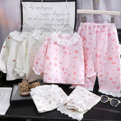 Kids Home Clothes 2Pcs Set Baby Loose Pajamas Fashion Girl Lace Floral Print Sleepwear Children Air Conditioner Long Sleeve Pant