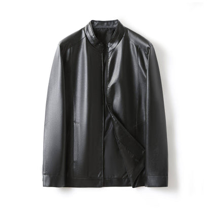 Men's Stand Collar Slim Fit Autumn Winter New Haining Leather Jacket Men's Middle-aged Plus Velvet Thickening