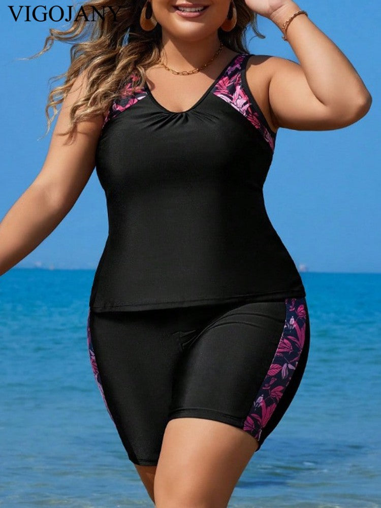 VigoJany 2025 Large Strapped Print Swimwear Women Plus Size Boxer Tankini Set Swimsuit 2 Piece High Waist Chubby Bathing Suit