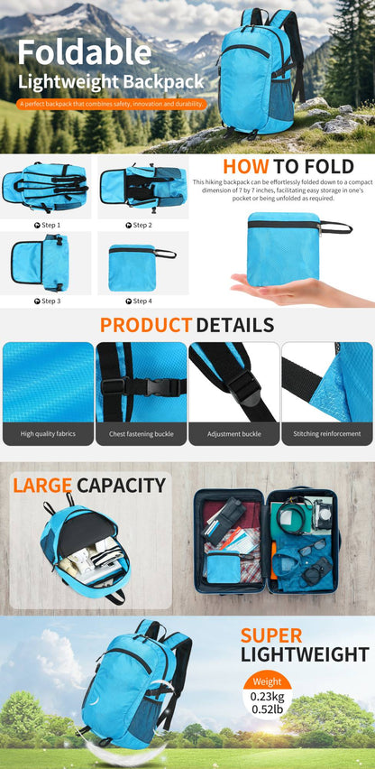 Mochila de Nylon 300D de 15L Ultraleve 0,24kg, Dobrável Resistente à Água, Dobrável em Bolso para Viagem, Atividades ao Ar Livre, Uso Diário