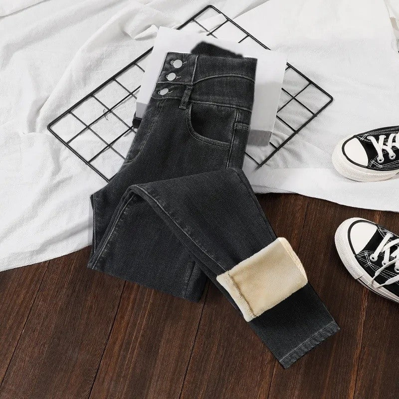 Winter Thick Velvet Women High Waist Skinny Jeans Simple Fleece Warm Slim Fit Stretch Ladies Casual Slim Denim Pencil Pants Y2K