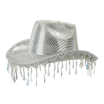 L5YA Chapéu de Panamá Chamativo com Tachas e Espelhos para Festa Feminina Chapéu de Fantasia de Halloween com Borlas de Gotas de Chuva Decorativas