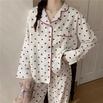 M-XXL Large Size Nightwear Women Sleepwear Autumn and Winter Cardigan Home Wear Peach Heart Long Sleeves School Silk Pajamas