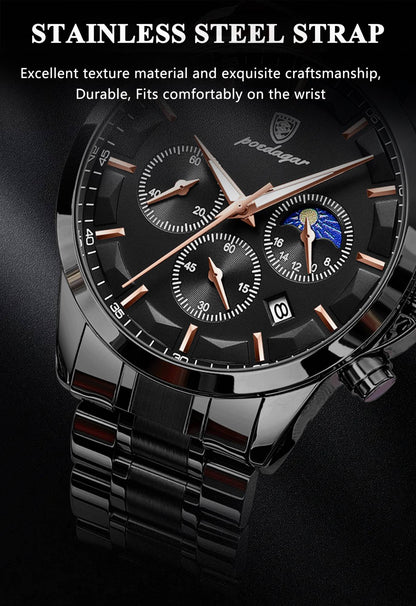 POEDAGAR Top Fashion Men's Watches Waterproof Luminous Stainless Steel Men Wristwatch Chronograph Date Quartz Business Man Watch