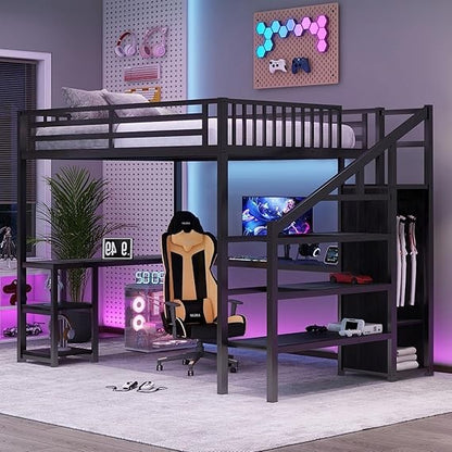 Cama Alta para Jogos Queen Size Adulto com Iluminação LED, Estrutura Robusta, Escada, Guarda-Roupa e Armazenamento