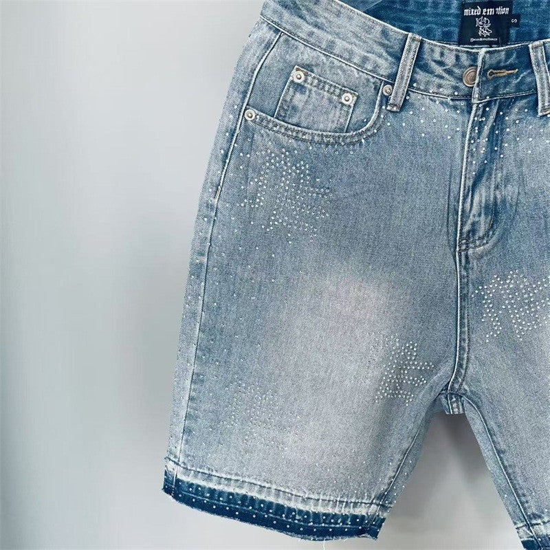 Calça Jeans Masculina Blue Washed MIXED EMOTION Hot Drill Letter Retrô Americana Calça Jeans Feminina Mixed Emotion