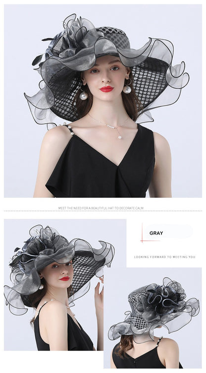 FS Mulheres Organza Vermelha Chapéus Casamento Fascinadores Elegante Grande Aba Larga Fedora Kentucky Derby Chapéus Festa Formal Igreja Chapéu Feminino