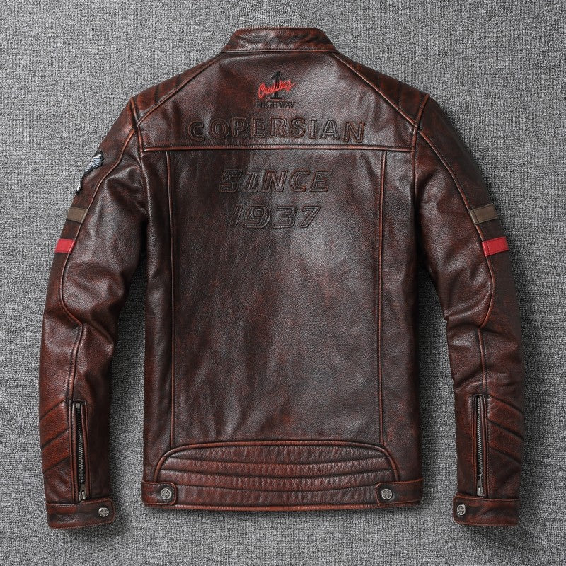 Fashionable Men's Motor Jacket Genuine Cow Leather Coat Male Outerwear Windbreaker Spring Autumn Cloth with Epaulet Brown