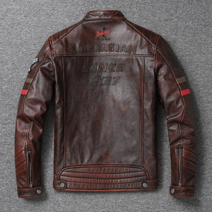 Fashionable Men's Motor Jacket Genuine Cow Leather Coat Male Outerwear Windbreaker Spring Autumn Cloth with Epaulet Brown