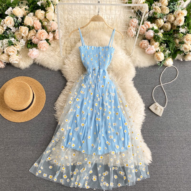 YuooMuoo Korean Fashion Daisy Flower Print Mesh Party Dress Summer Two Layers Sp