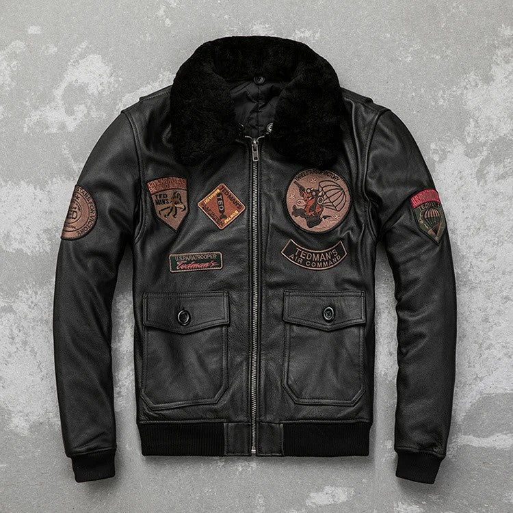 Detachable Natural Fur Collar Genuine Cowhide Men Leather Jacket Patches Flight Air Force Pilot Coat Winter Bomber
