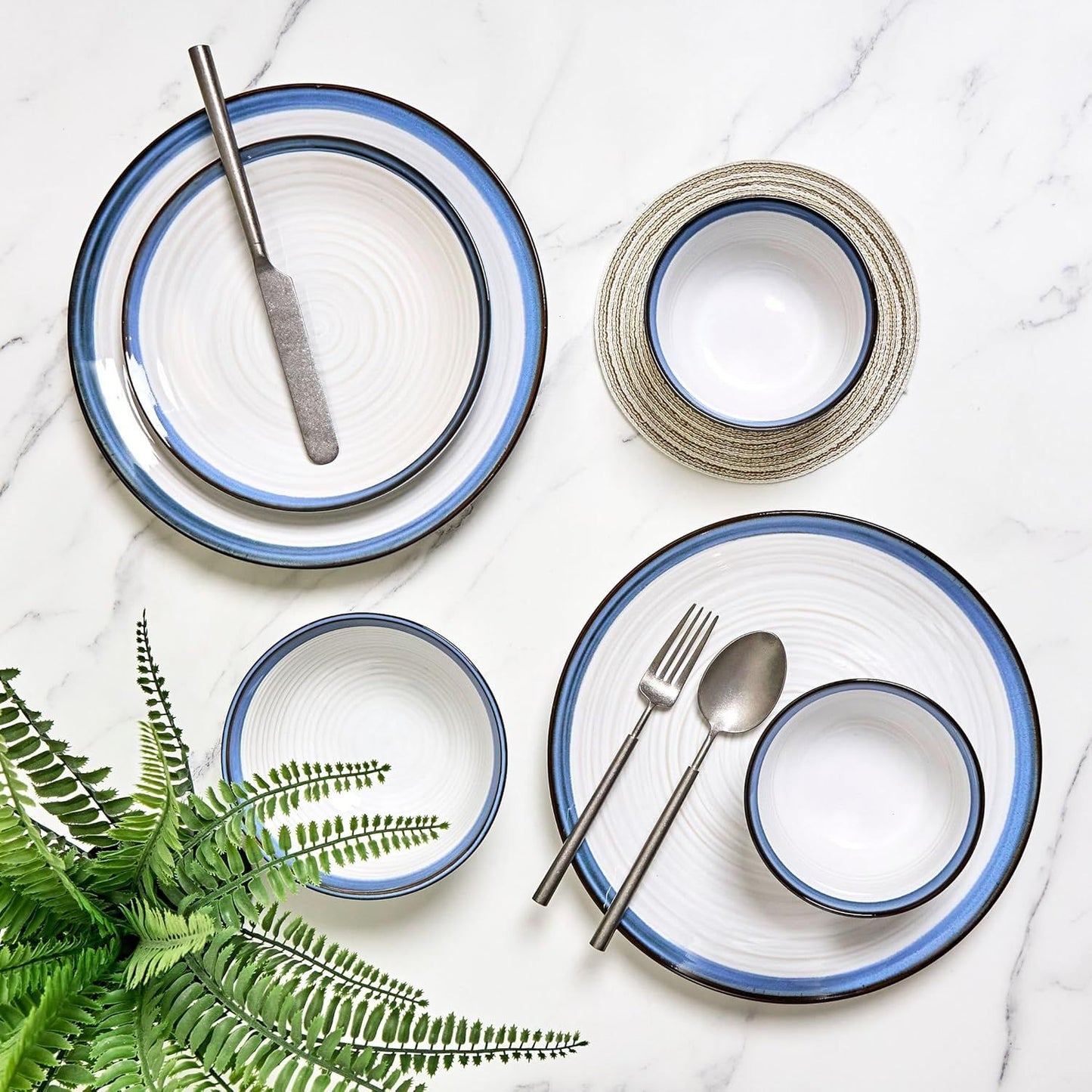 Siterra Santorini Conjunto de Louça de Grés de 16 Peças - Serviço para 4 Pessoas, Pratos e Tigelas, Branco Rústico com Esmalte Azul Reativo