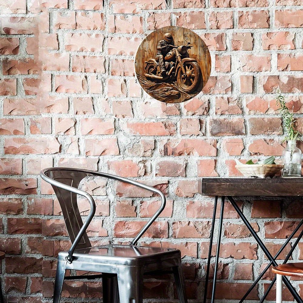 Round Metal Sign Faux Wooden Carved Painted Circular Wreath Sign Entrance Decoration Gifts Motorcycle Themed Decoration
