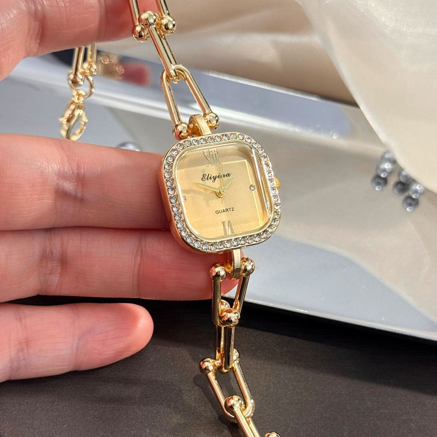 Luxury Minimalist Bracelet Watch Creative Square Multi-Faceted Glass Quartz Movement Chain Mid-century Small High-End Acces