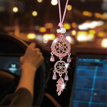 Shining Crystal Pearl Feather Dream Catcher Car Ornament – Elegant Hollow Metal w/ Sparkling Crystals Perfect Gift for Women