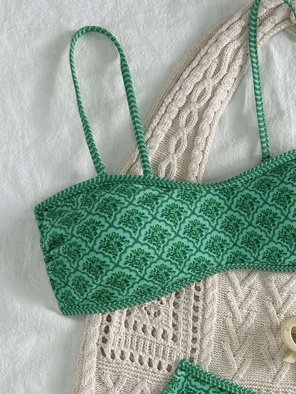 Sexy Bandeau Bikini 2025 Women Green Floral Pleate Push Up Padded Thong Swimsuit Summer Bathing Suit Two Piece Swimwear Biquini