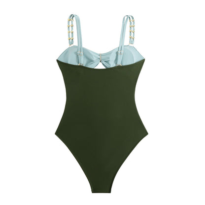 High Quality One Piece Swimsuit Golden Buckle Color Block Stitching Push Up Women Bikini Set Slimming Bathing Suit Beach Wear