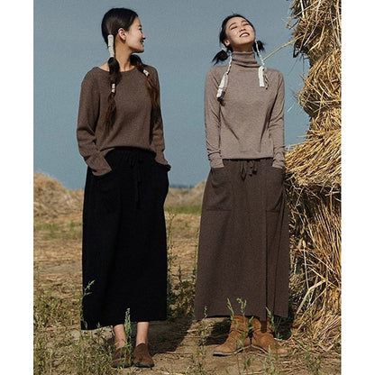 Autumn/Winter 2024 New Cashmere Double Pocket Retro Dress Art Style Versatile Women's Long Skirt