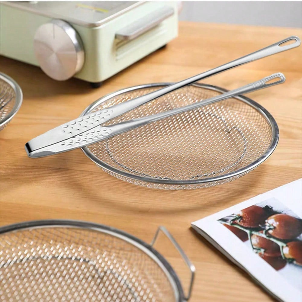 Stainless Steel Mesh Strainer Basket with Barbecue Tongs Multi-Functional Filter Drain Tray for Fried Foods Desserts Vegetables