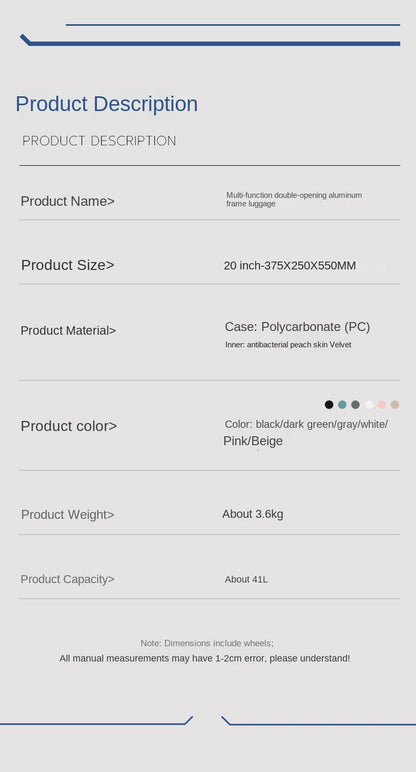 KLQDZMS Multifunctional Suitcase Front Opening Boarding Case USB Charging Trolley Case 20 Inch ABS + PC Laptop Cabin Luggage