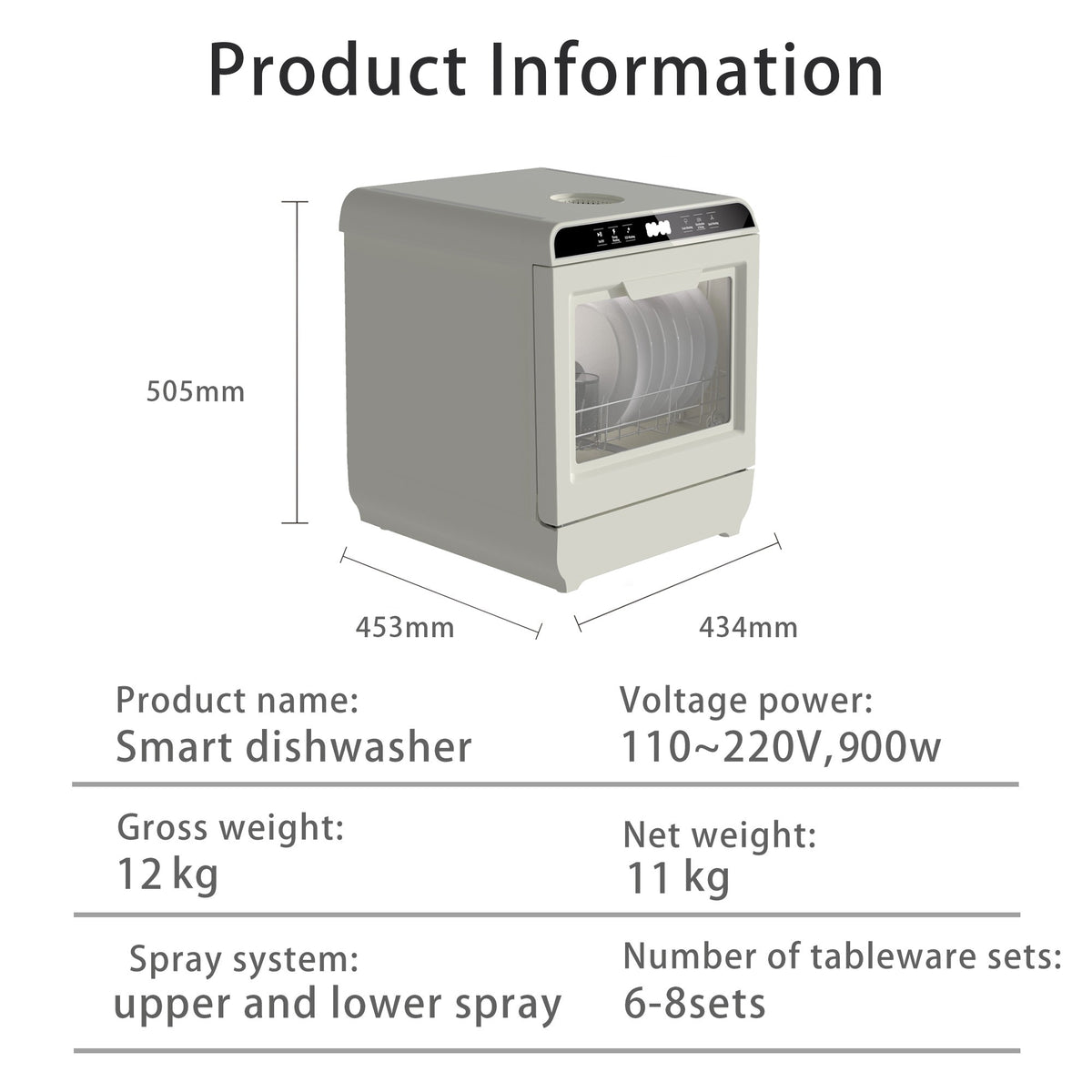 Portable Smart Mini Dishwasher for Home Kitchen Factory Direct Electric UV Drying 6-8 Sets Tableware for Hotels