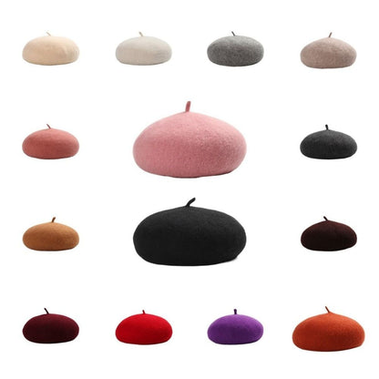 Boina Nuvem Feminina Confortável de Lã Pelúcia Quente Estilo Britânico Chapéu Gorro Cor Sólida Elástico Boina Feminina