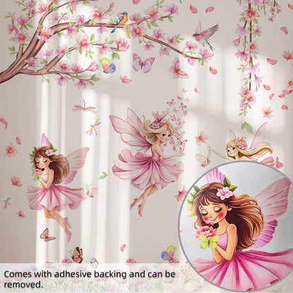 Pink Tree Branches Birds Butterflies Elf Girls Meet Wall Stickers Bedroom Children's Room Home Wall Decoration Self-adhesive