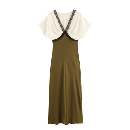 BSAY lace splice Satin dress 2025 autumn new side zip chic female French elegant long dress sexy V-neck banquet evening mujer