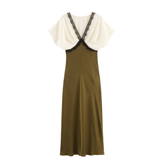 BSAY lace splice Satin dress 2025 autumn new side zip chic female French elegant long dress sexy V-neck banquet evening mujer