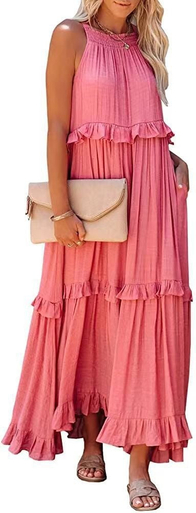 Elegant Women's Apricot Ruffle Edge Long Mop Floor Dresses Summer Fashion Hangin