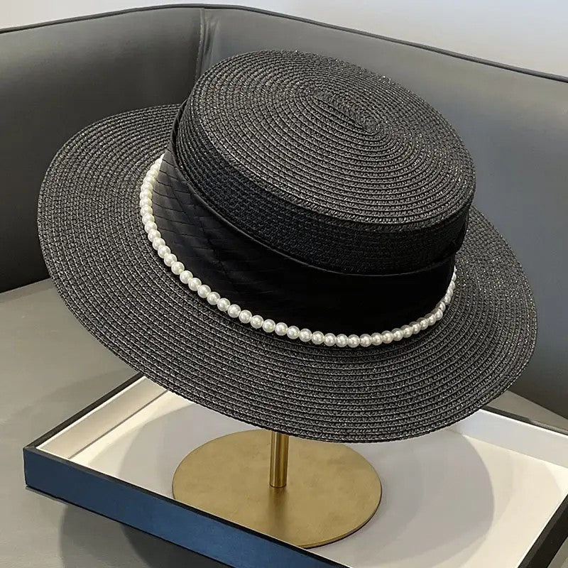 2025 Summer Elegant Pearl Chain Flat Sun Hats for Women Chapeau Feminino Straw Hat Panama Wide Brim Anti-UV Beach Cap Girl Topee