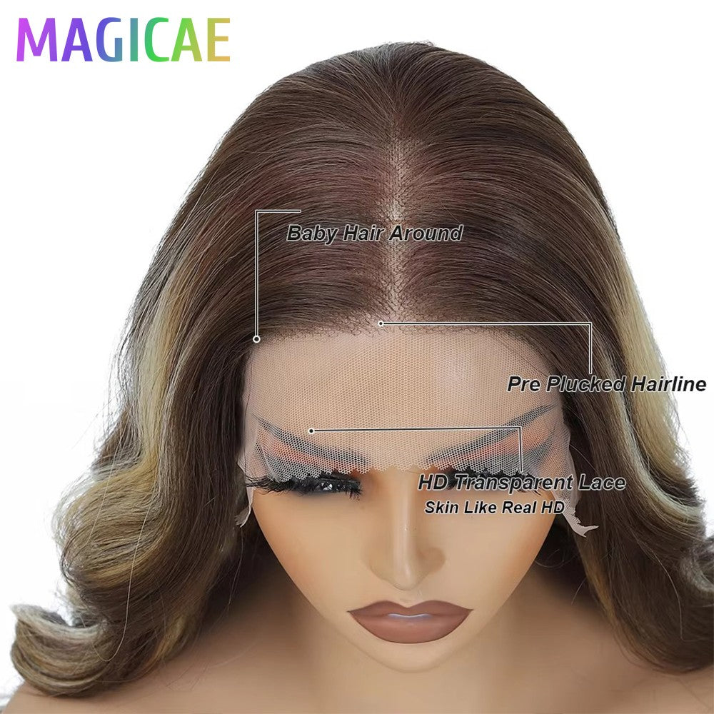 13X4 Lace Frontal Synthetic Body Wave Wigs Ombre Brown Heat Resistant Fiber Blond Swiss Transparent Lace Front Wigs For Women