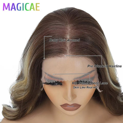 13X4 Lace Frontal Synthetic Body Wave Wigs Ombre Brown Heat Resistant Fiber Blond Swiss Transparent Lace Front Wigs For Women