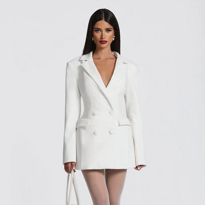 Mozision Deep V Neck Long Sleeve Sexy Mini Blazer Dress Women Elegant Double-breasted High Waist Club Party Blazers Dress