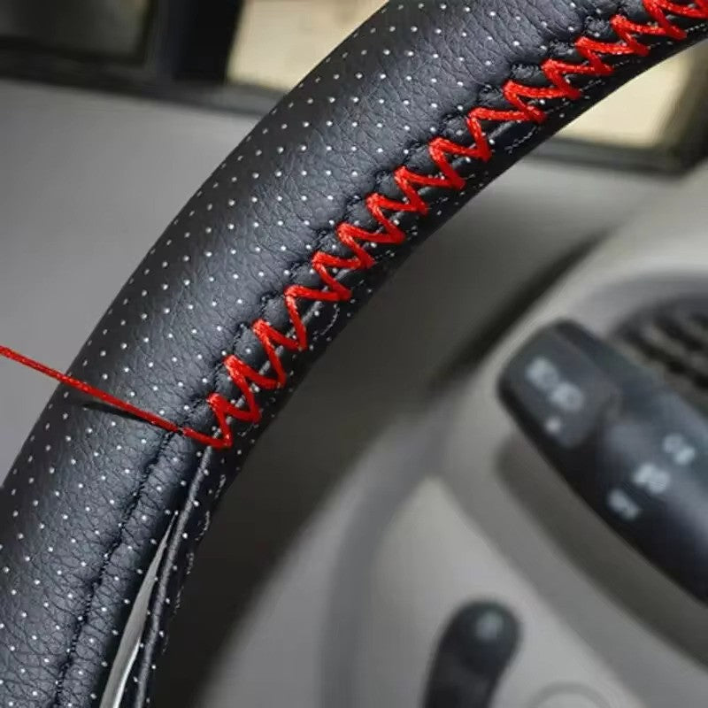 Universal Leather car steering wheel stitched on cover to fit 38cm 14 "DIY sewn breathable and non-slip black