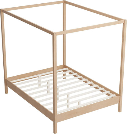 Estrutura de Cama Queen Size com Dossel, Cama Plataforma com Quatro Colunas e Suporte de Ripas, Madeira Maciça de Pinus e Engenheirada, Sem Necessidade de Box Spring N