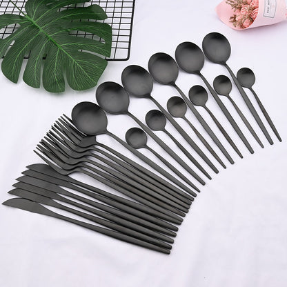 Conjunto de Talheres 24 Peças Preto Fosco em Aço Inoxidável para Cozinha, Faqueiro de Bife, Garfo, Colher, Louça de Mesa