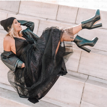 Onlymaker Women Pointed Toe Ankle Boots Black Matte Flock Chunky Heel Platform Booties Party Shoes Large Size Short Boots