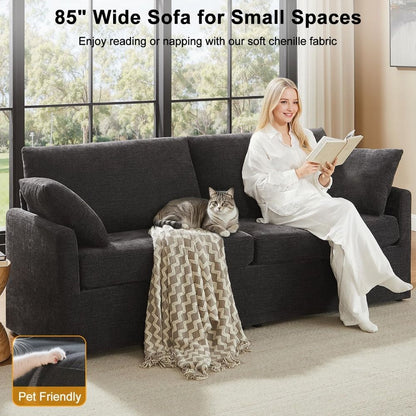 85" Chenille Sofa Couches for Living Room, 3 Seater Sofa with 2 Pillows, Modern Couches Tool-Free Setup, Comfy Oversized