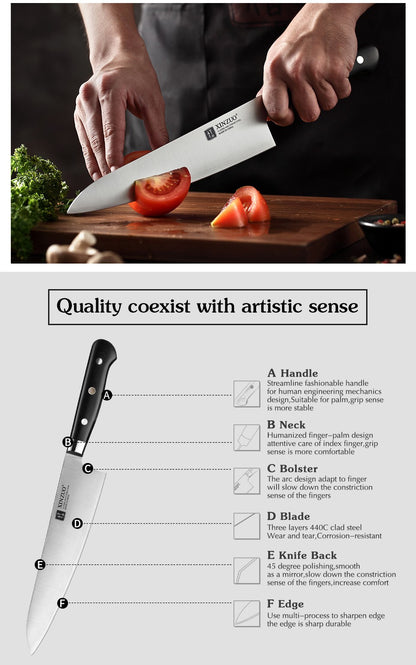 XINZUO 210mm Chef Knife 3 Layer 440C Core Clad Steel Kitchen Knives Stainless Steel Sharp Butchers Gyutou Knife with G10 Handle