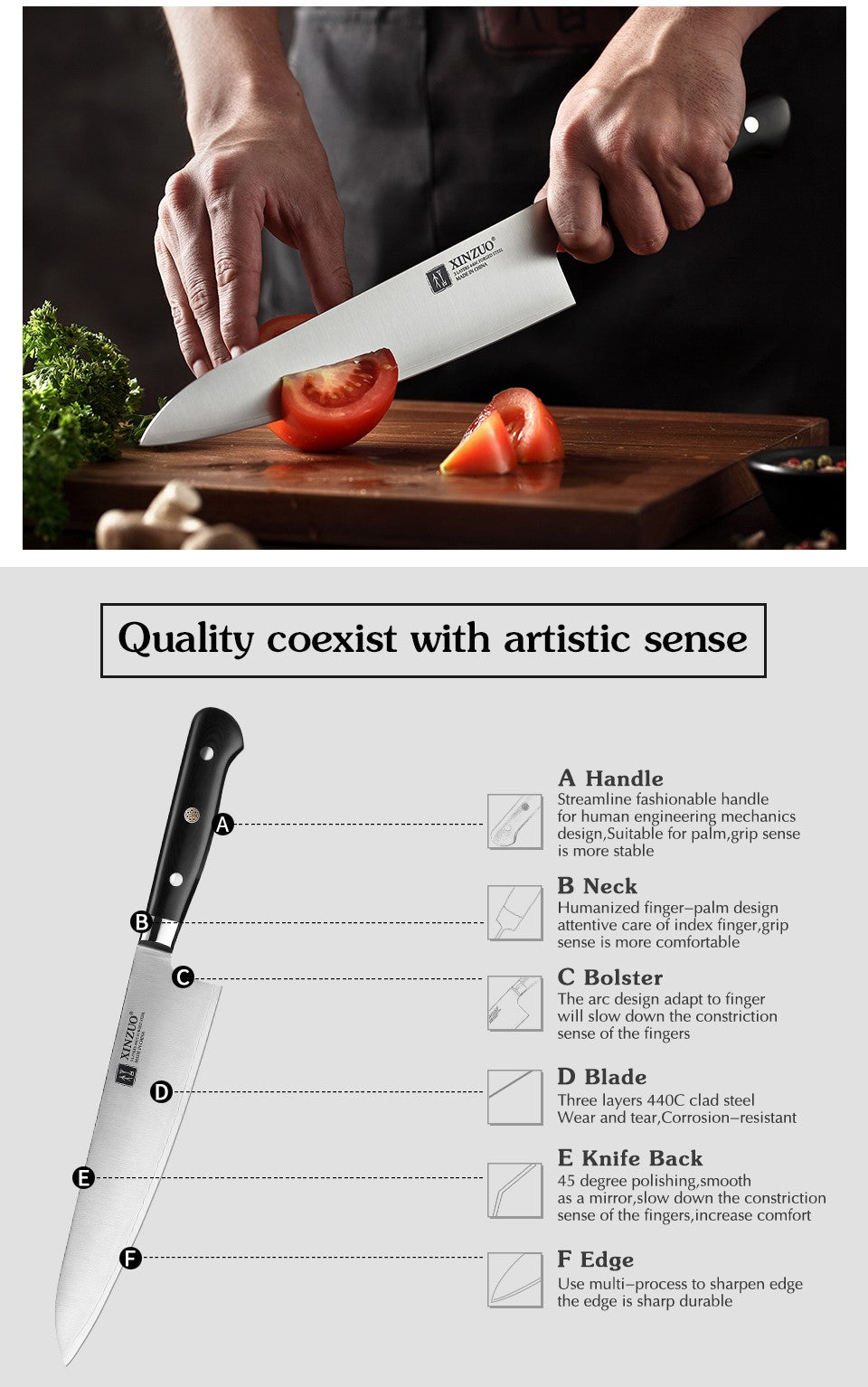 XINZUO 210mm Chef Knife 3 Layer 440C Core Clad Steel Kitchen Knives Stainless Steel Sharp Butchers Gyutou Knife with G10 Handle