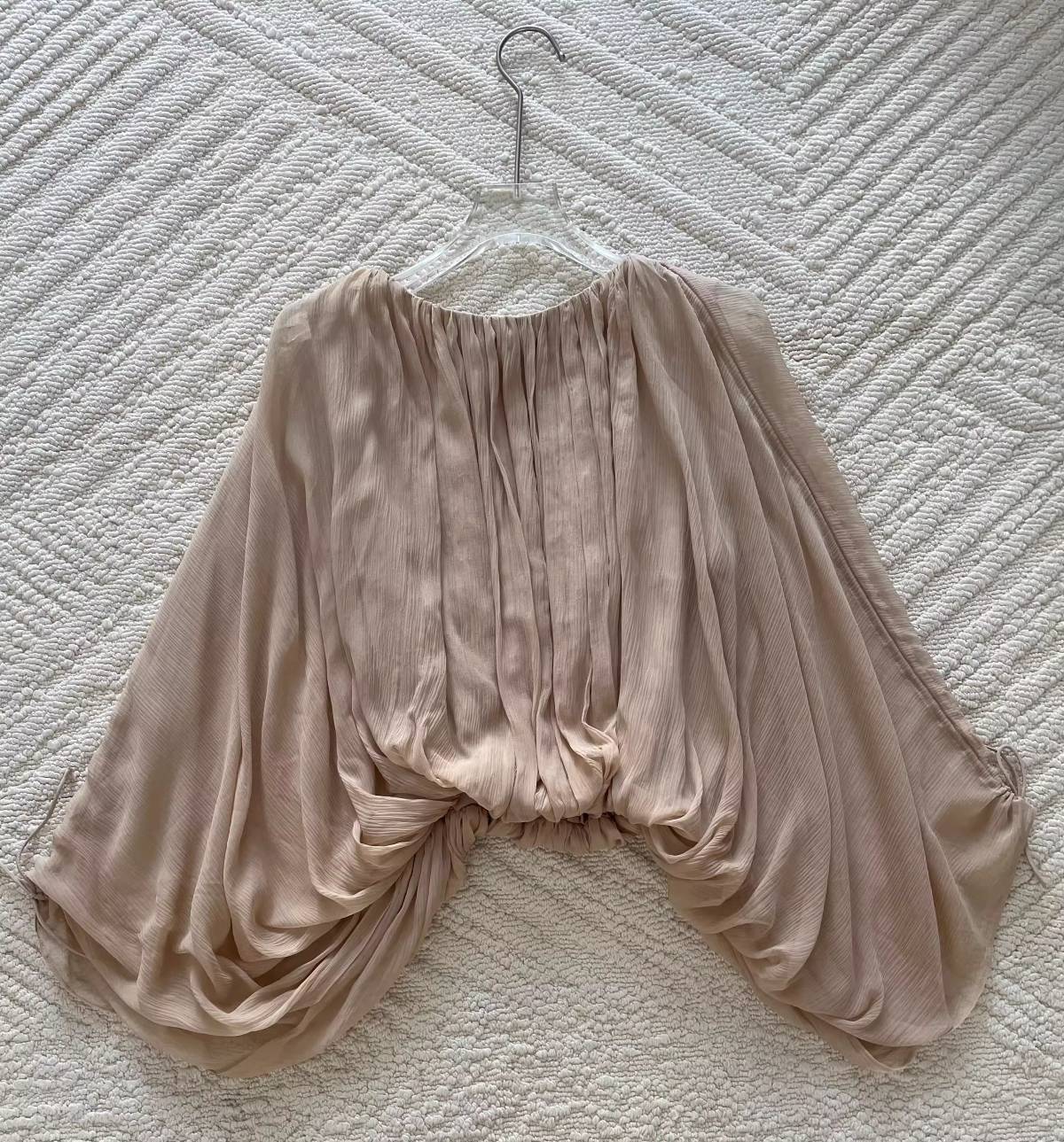 Ladies 100% Silk Elegant Set Pure Color Drawstring Long Sleeve Round Neck Shirt + A-Line Elastic Waist Maxi Skirt Holiday Suits