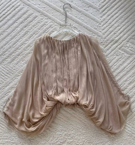 Ladies 100% Silk Elegant Set Pure Color Drawstring Long Sleeve Round Neck Shirt + A-Line Elastic Waist Maxi Skirt Holiday Suits