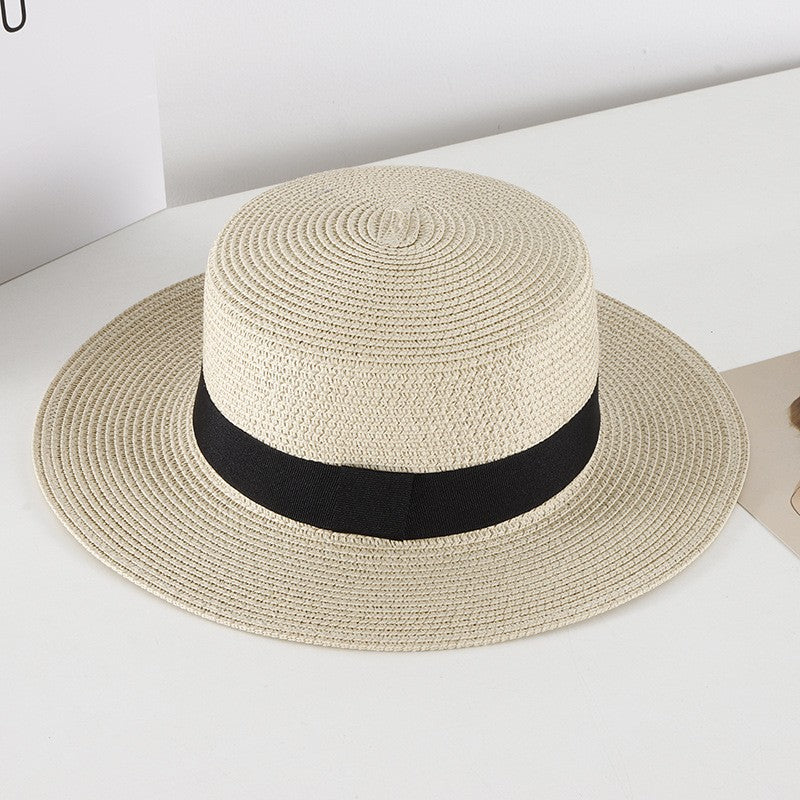 Chapéu de Sol Unissex de Verão com Topo Plano para Mulheres e Homens, Cor Sólida, Aba Larga, Fita Preta, Chapéu de Palha de Praia Dobrável, Bonés Frescos para Férias