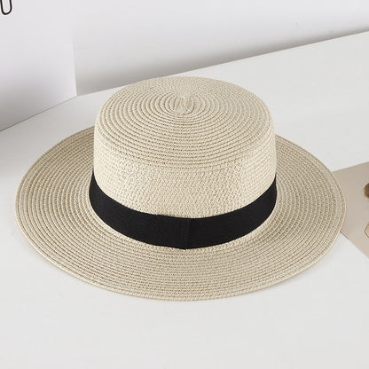 Chapéu de Sol Unissex de Verão com Topo Plano para Mulheres e Homens, Cor Sólida, Aba Larga, Fita Preta, Chapéu de Palha de Praia Dobrável, Bonés Frescos para Férias