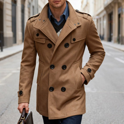 Men's Double-breasted Woolen Overcoat Fashion Solid Color Mid-length Jacket Luxury Light Business Stand Collar Trench Coat M-3XL