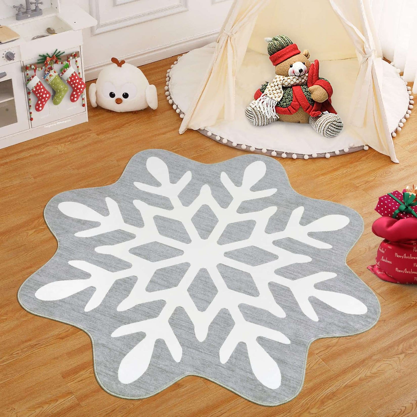 VIKAMA Christmas Snowflake Rug Stain-Resistant And Machine-Washable Bathroom Mat Bedroom Entrance Rug Bedside Carpet Home Décor