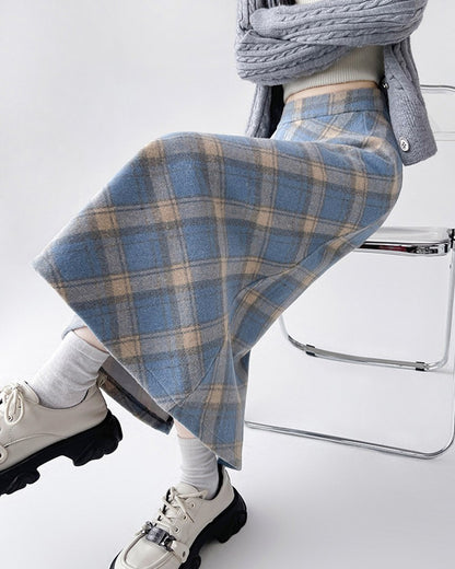 2025 Autumn Vintage Woolen Plaid Skirts Lady Elegant High Waist Slimming A-Line Skirt Women Korean Streetwear Slit Long Skirt
