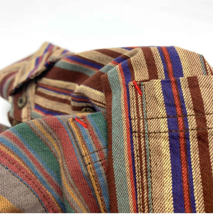 Amikaki Ethnic Style Men's Pure Cotton Colorful Stripes Shirt Loose Ancient Cargo Long Sleeved Shirt Jacket With Chest Pocket